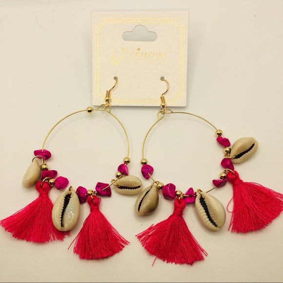 EARRINGS BOHO TASSELS DEEP PINK, purple stones! - Picture 4 of 9